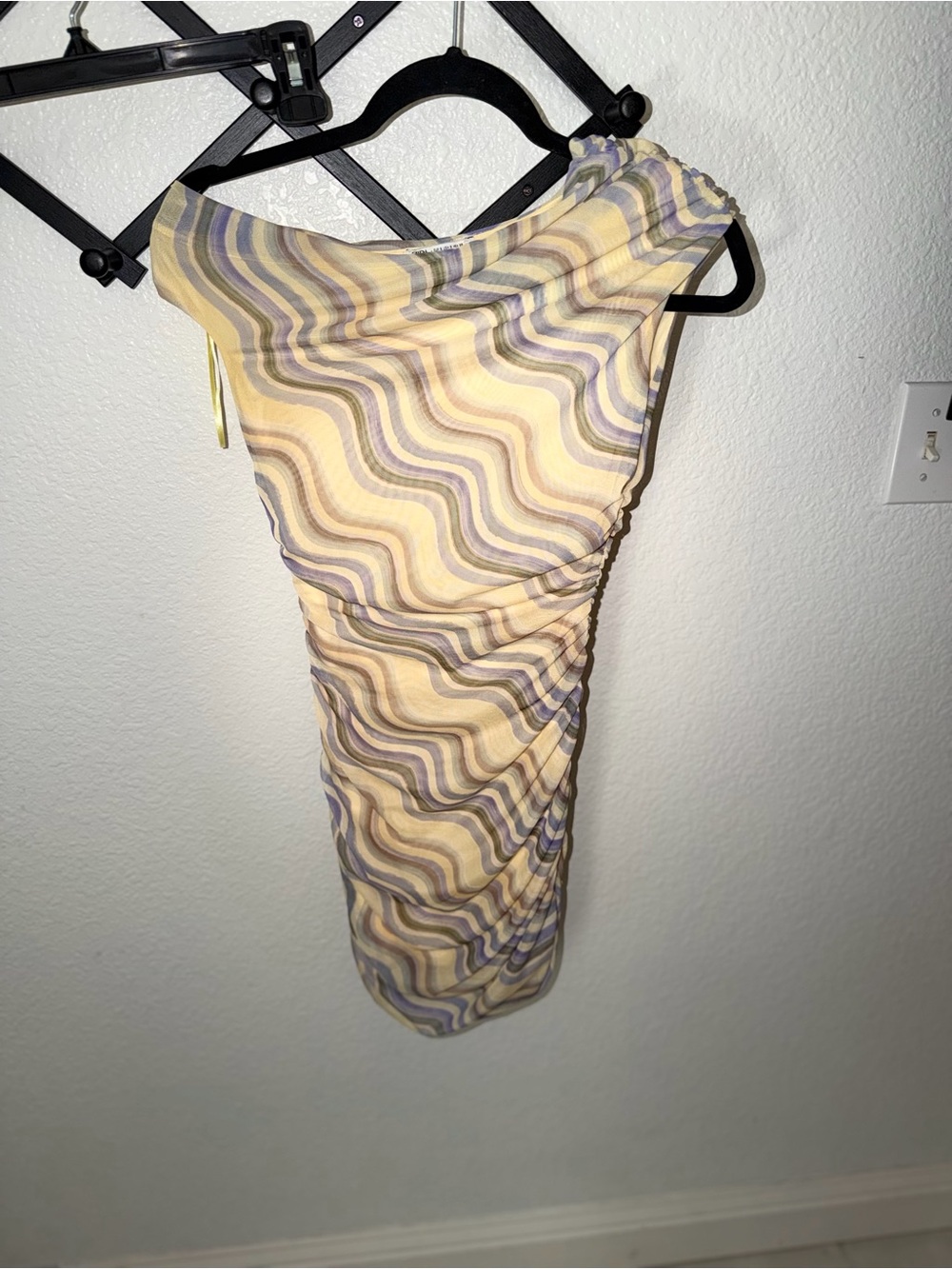 Zara Womens S Yellow Purple Swirl Print Ruched Off Shoulder Mesh Mini Dress - Picture 2 of 4